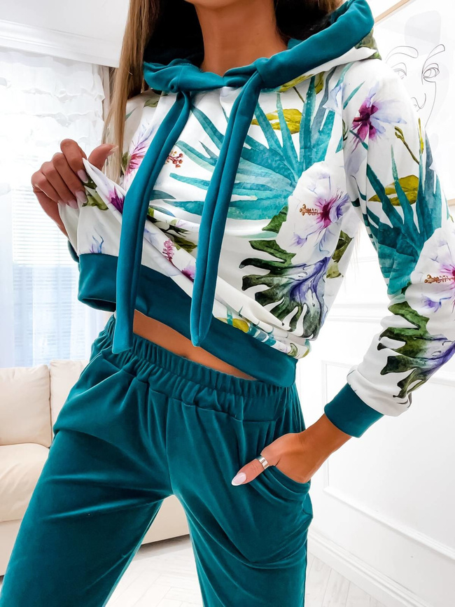 WELUROWY KOMPLET DRESOWY W KWIATY- BUTELKOWA ZIELEŃ