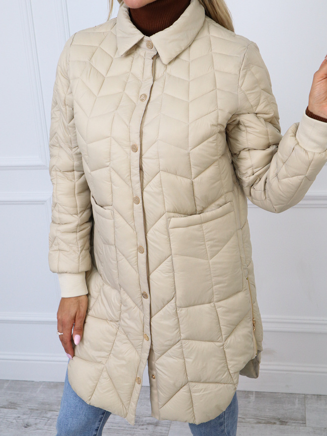 KURTKA PRZEJŚCIOWA PIKOWANA Z KOŁNIERZEM I OZDOBNYMI ZAMKAMI- BEŻOWA