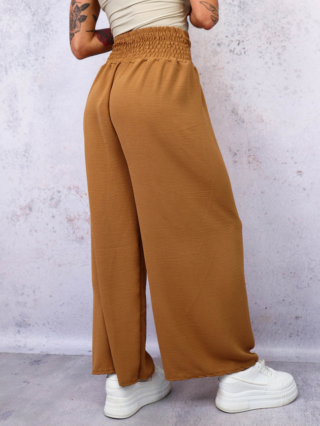 SPODNIE MATERIAŁOWE Z SZEROKIMI NOGAWKAMI I GUMĄ W PASIE- BRĄZOWE