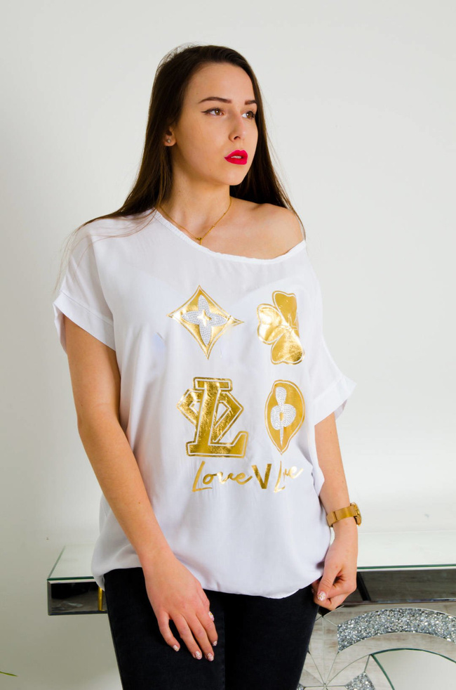 BIAŁA BLUZKA ZE ZŁOTĄ APLIKACJĄ I NAPISAMI