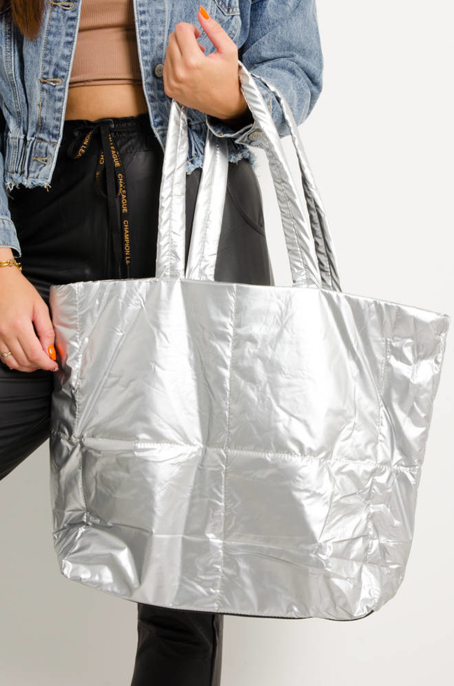 DUŻA PIKOWANA TORBA TYPU SHOPPER- SREBRNA