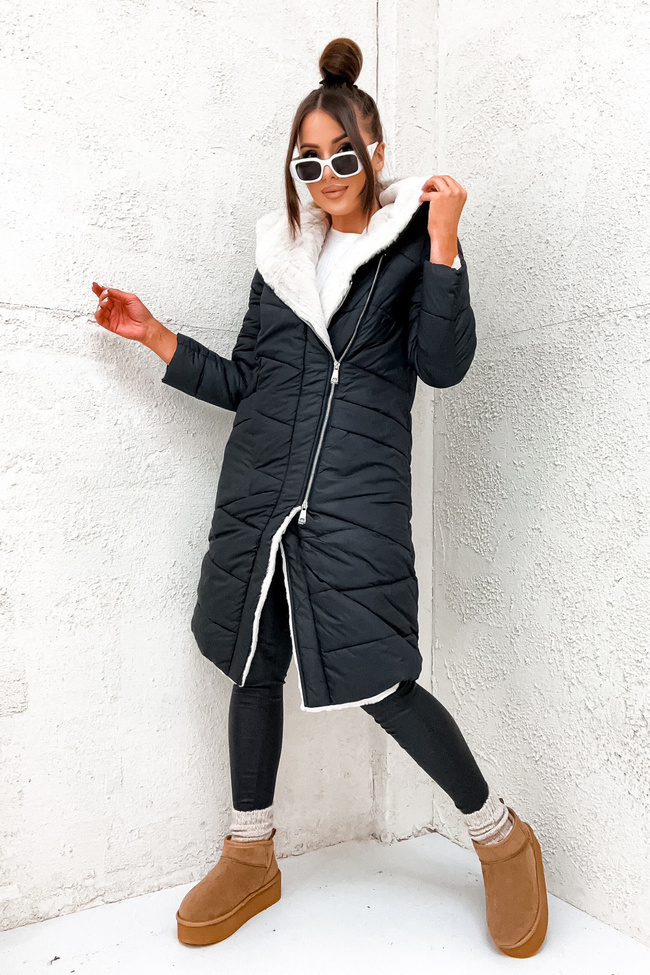 DŁUGA DWUSTRONNA KURTKA Z FUTERKIEM- CZARNA