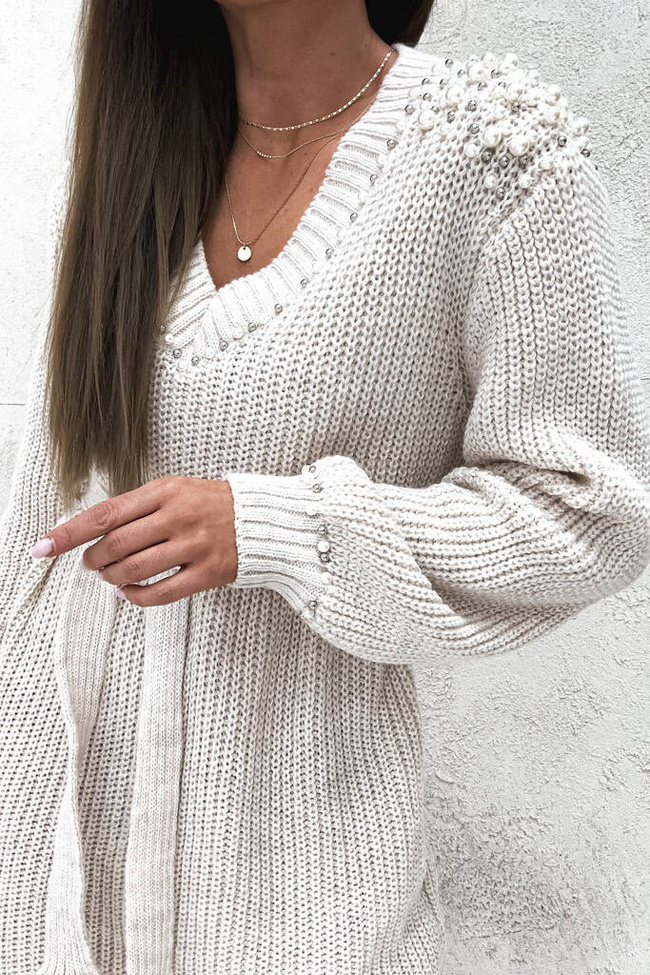 DŁUGI SWETER OVERSIZE Z KORALIKAMI I WIAZANIEM W PASIE- BEŻOWY