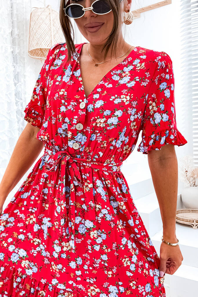 SUKIENKA MIDI W KWIATY Z DEKOLTEM NA GUZIKI+ PASEK- CZERWONA