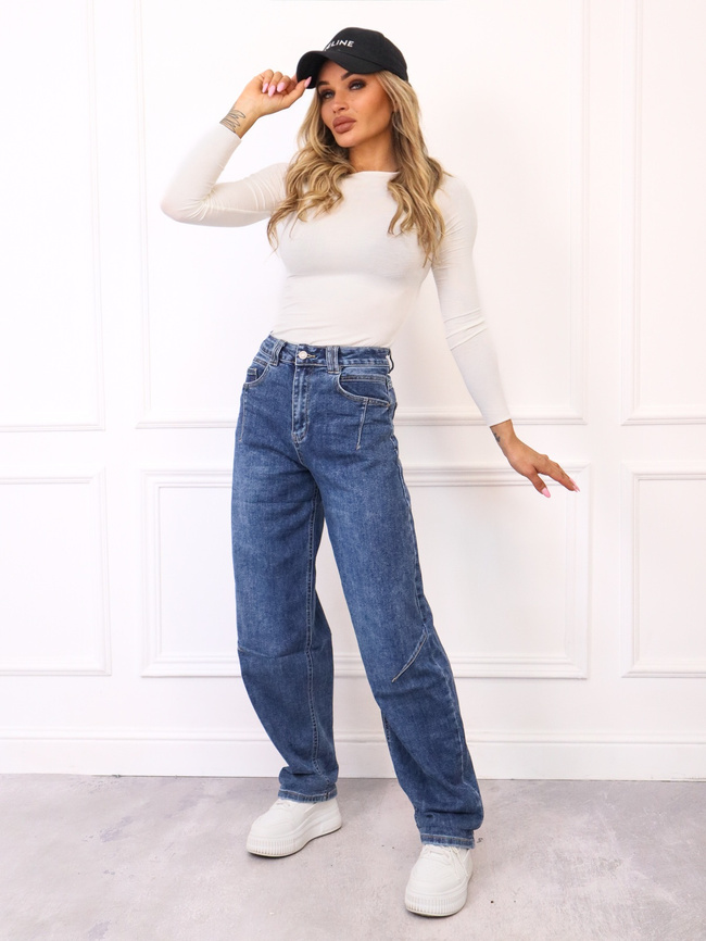 SPODNIE JEANSOWE MOM FIT Z PRZESZYCIAMI- GRANATOWE