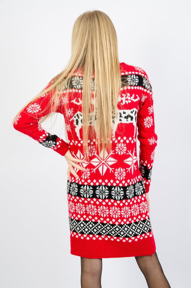 CZERWONA SWETERKOWA SUKIENKA Z MOTYWEM ŚWIĄTECZNYM