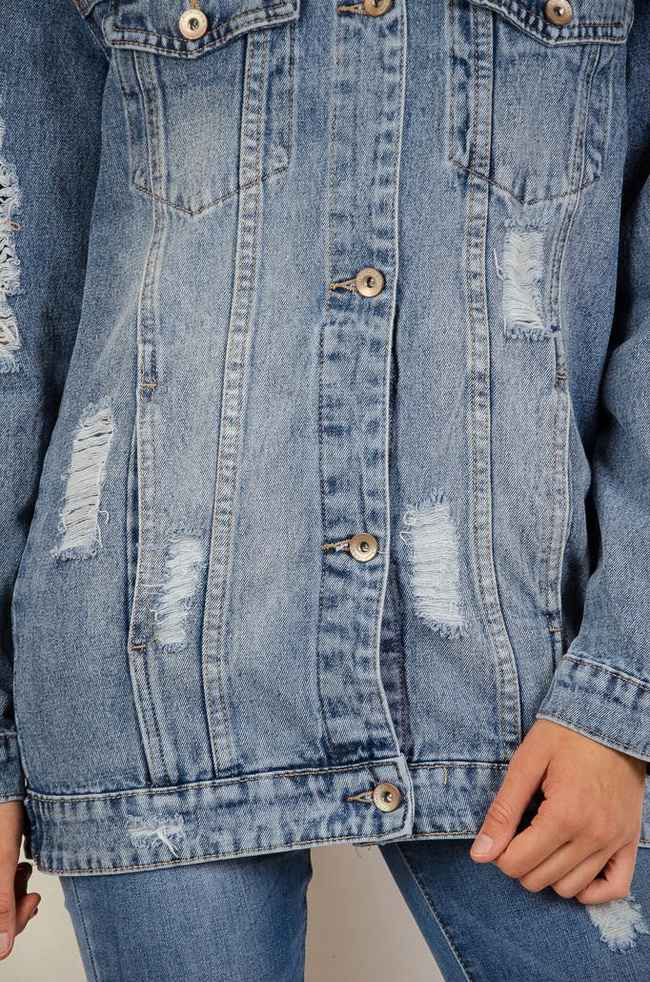 Kurtka jeansowa dłuższa z licznymi przetarciami