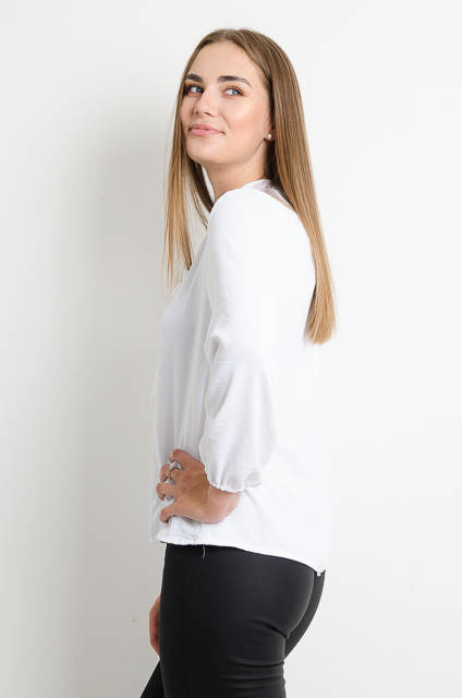 BIAŁA BLUZKA NA DŁUGI RĘKAW Z WIĄZANIEM PRZY DEKOLCIE