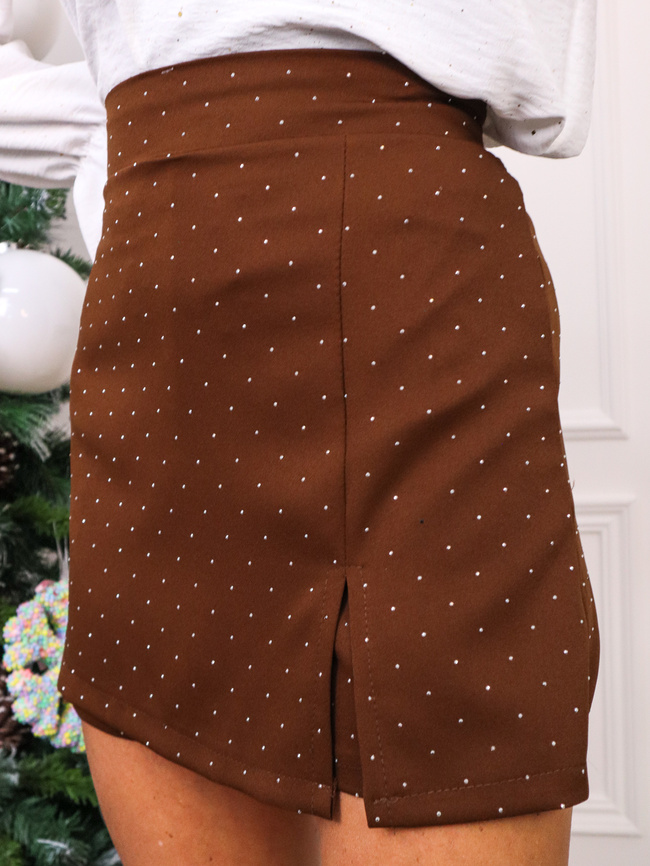 SPÓDNICO-SPODENKI ZDOBIONE CYRKONIAMI- CZEKOLADOWE