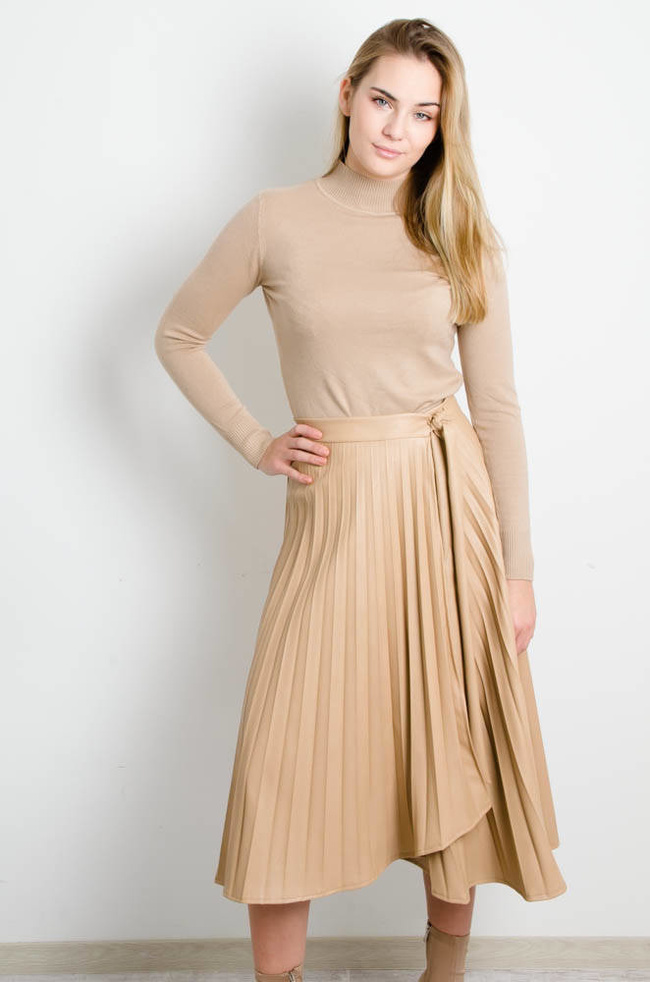 BEŻOWA PLISOWANA SPÓDNICA Z EKO SKÓRY -REGULOWANA
