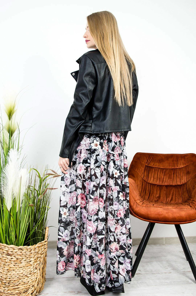 CZARNA SPÓDNICA MAXI W KWIATY Z ROZCIĘCIEM