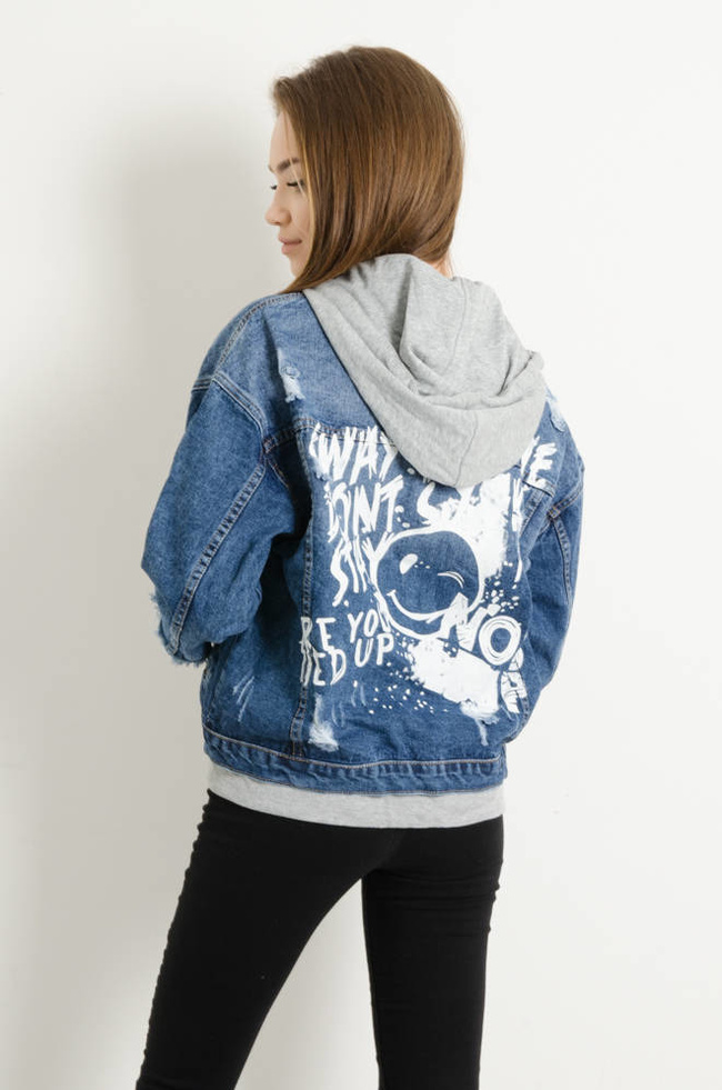 KURTKA JEANSOWA Z DRESOWYM KAPTUREM I ŚCIĄGACZAMI- GRANATOWA