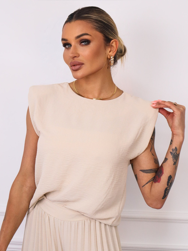 KOMPLET BLUZKA+ SZEROKIE PLISOWANE SPODNIE- BEŻOWY