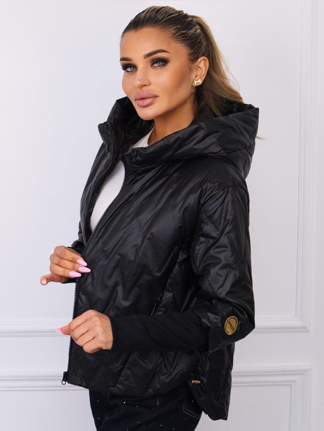 ASYMETRYCZNA KURTKA PIKOWANA ZE ŚCIAGACZAMI NA RĘKAWACH- CZARNA