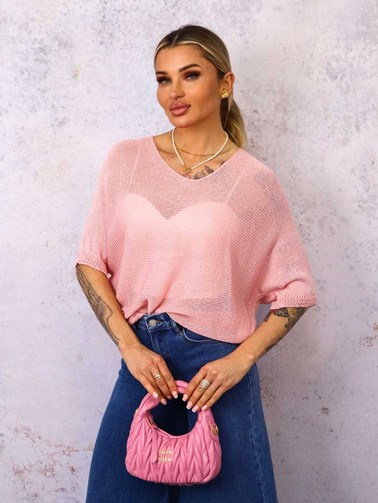 SWETER O KROJU NIETOPERZA Z OZDOBNYMI GUZIKAMI- RÓŻOWY