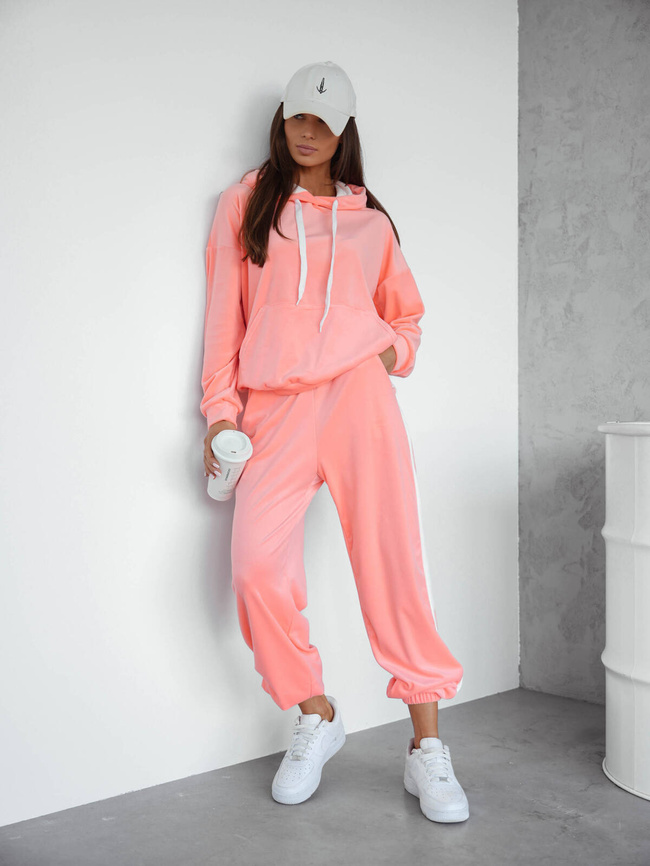 KOMPLET WELUROWY BLUZA+ SPODNIE Z KONTRASTOWYMI LAMPASAMI-BRZOSKWINIOWY