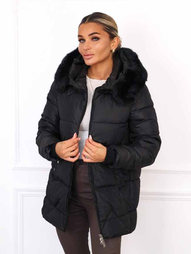 KURTKA PIKOWANA Z FUTERKIEM PRZY KAPTURZE- CZARNA