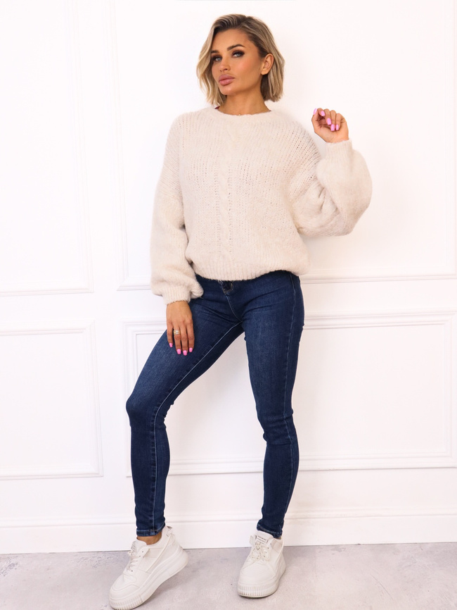 SWETER OVERSIZE Z WARKOCZOWYM SPLOTEM Z PRZODU- ECRU