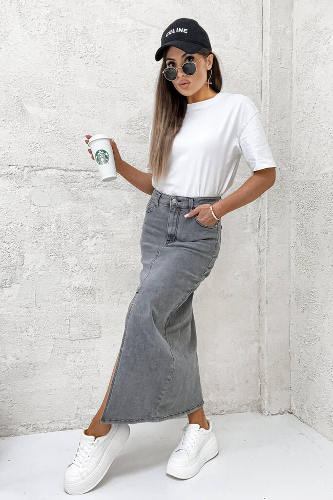 SPÓDNICA JEANSOWE MAXI Z ROZCIĘCIEM- SZARA