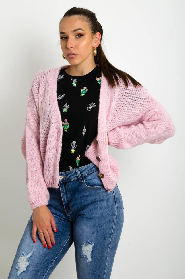 JASNO-RÓŻOWY KRÓTKI KARDIGAN SWETER ZAPINANY NA GUZIKI