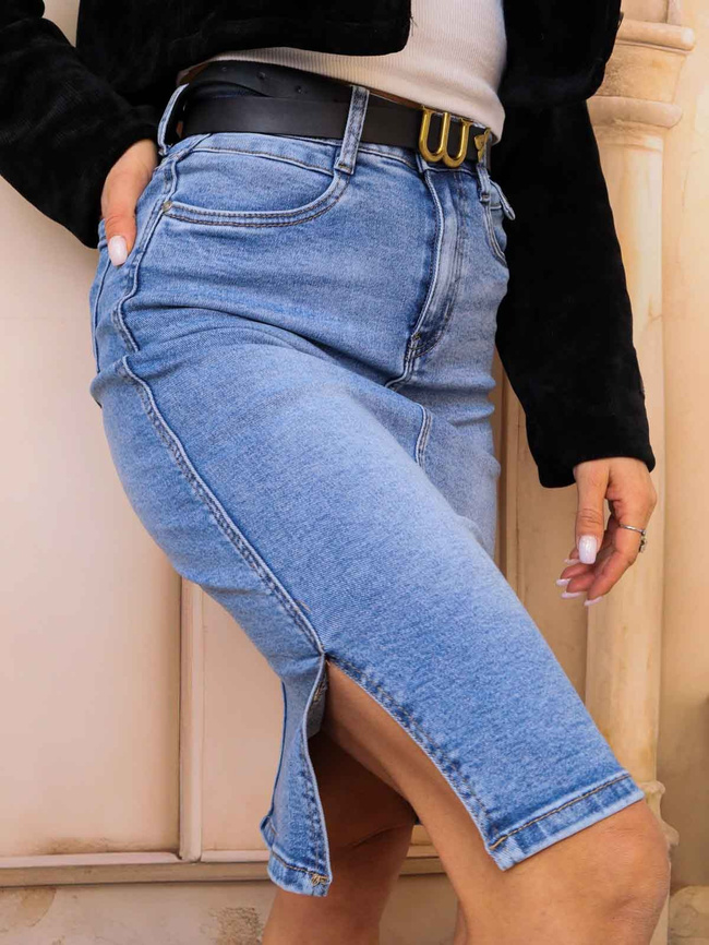 SPÓDNICA JEANSOWA MIDI Z ROZPORKIEM NA BOKU+ PASEK