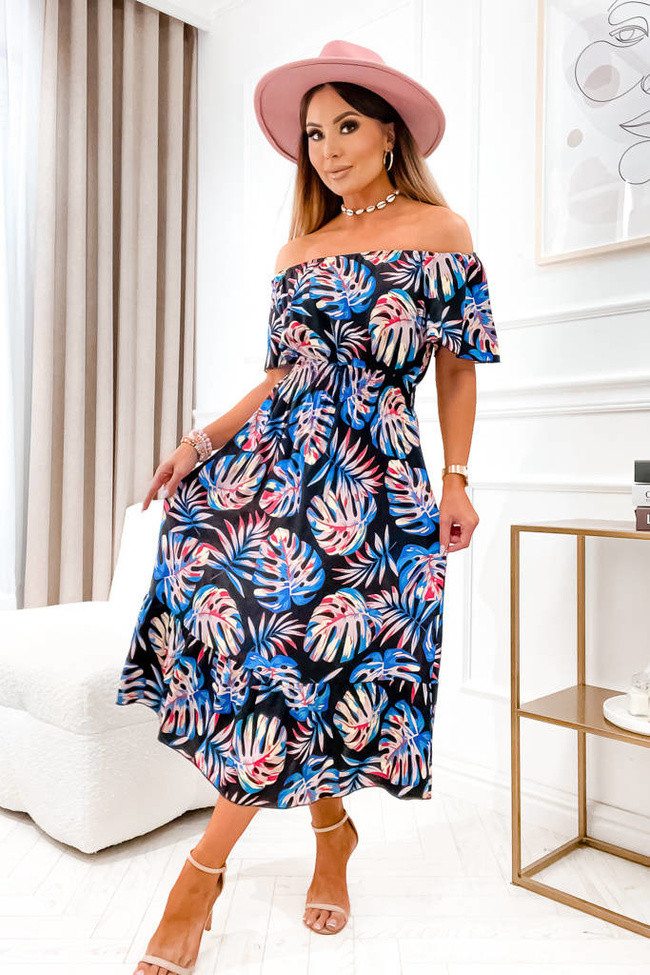 CZARNA SUKIENKA HISZPANKA MIDI Z MOTYWEM LIŚCI I GUMĄ W PASIE