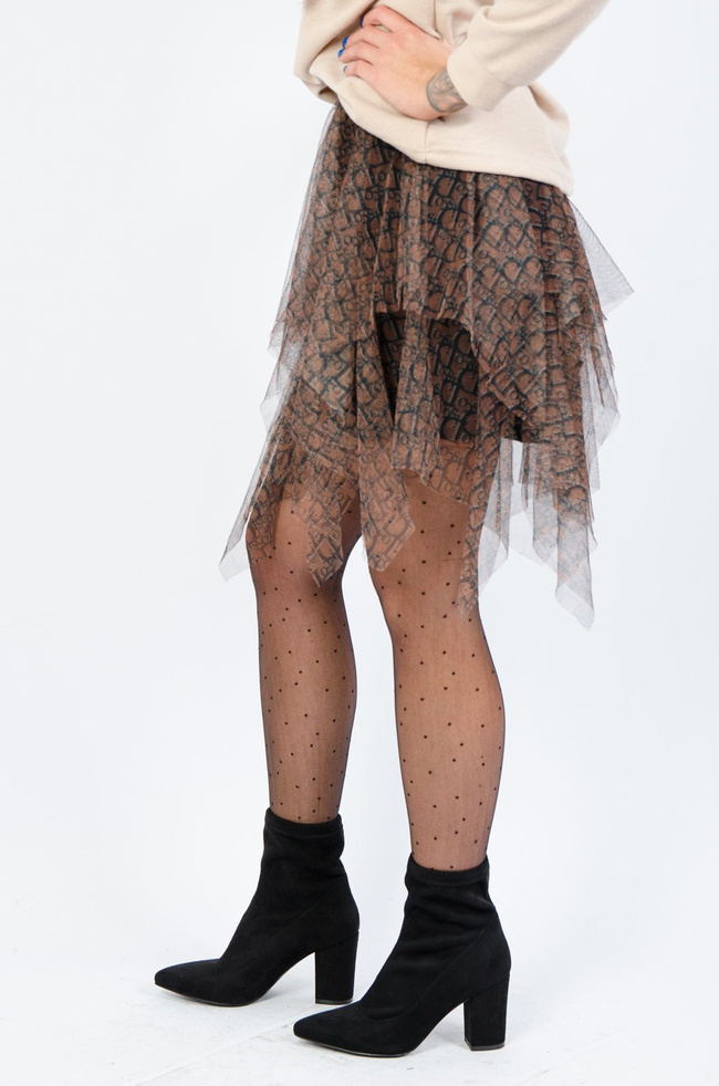 BRĄZOWO-CZARNA SPÓDNICA TIULOWA MINI Z ELASTYCZNYM PASEM