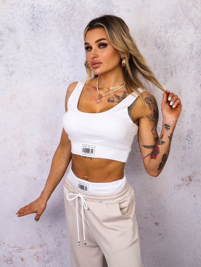 KOMPLET DRESOWY TOP Z NASZYWKĄ+ SPODNIE Z KONTRASTOWYM PASEM- BEŻOWY