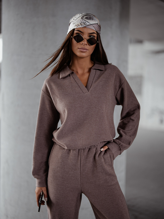 KOMPLET DZIANINOWY SWETERKOWA BLUZA+ SPODNIE- CAPPUCCINO