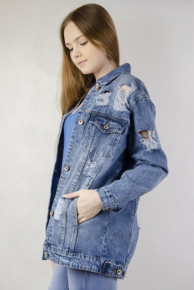 Kurtka jeansowa dłuższa z przetarciami