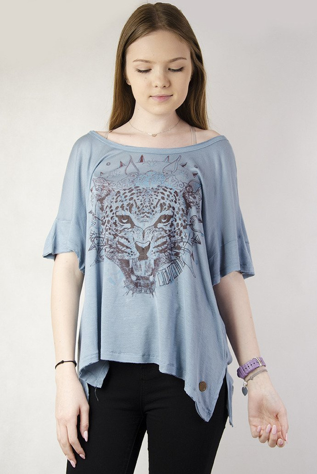 Luźna niebieska bluzka z tygrysem
