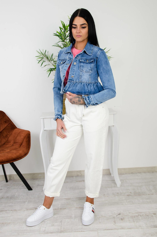 NIEBIESKA KURTKA JEANSOWA Z FALBANKĄ