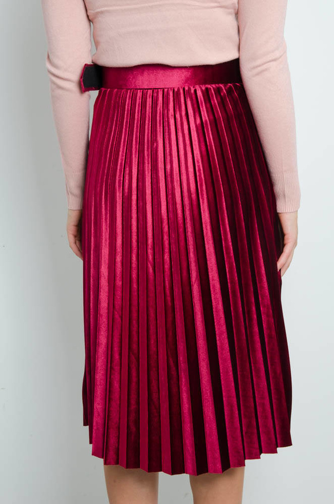 BORDOWA WELUROWA PLISOWANA SPÓDNICA Z PASKIEM-MIDI
