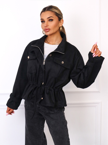 KURTKA Z IMITACJI ZAMSZU WIĄZANA W PASIE- CZARNA