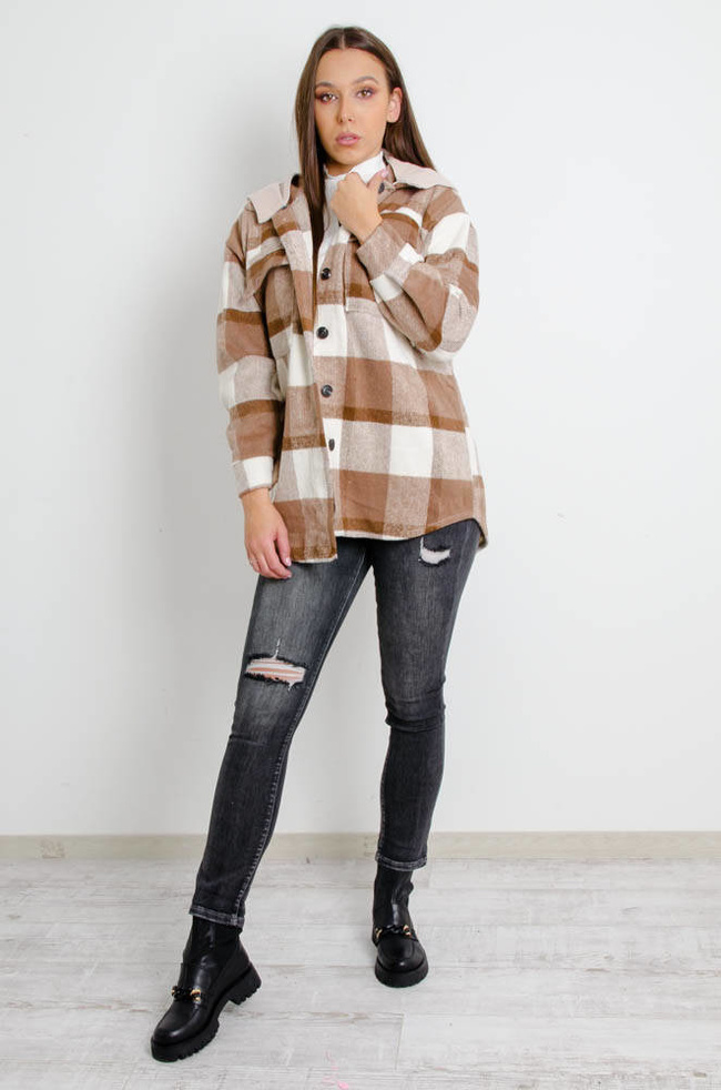 BRĄZOWA KURTKA KOSZULA W KRATĘ Z KAPTUREM