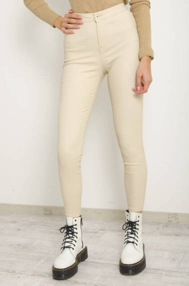 SPODNIE WOSKOWANE Z WYSOKIM STANEM- BEŻOWE