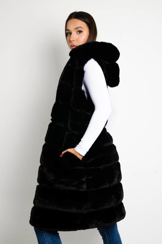 DŁUGA CZARNA FUTRZANA KAMIZELKA Z KAPTUREM