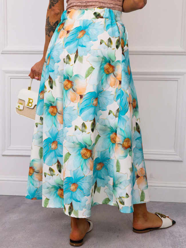 SPÓDNICA MIDI W KWIATY- NIEBIESKA