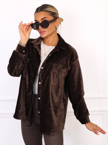 KOSZULA Z GRUBSZEGO WELURU Z KIESZENIAMI- CIEMNY BRĄZ