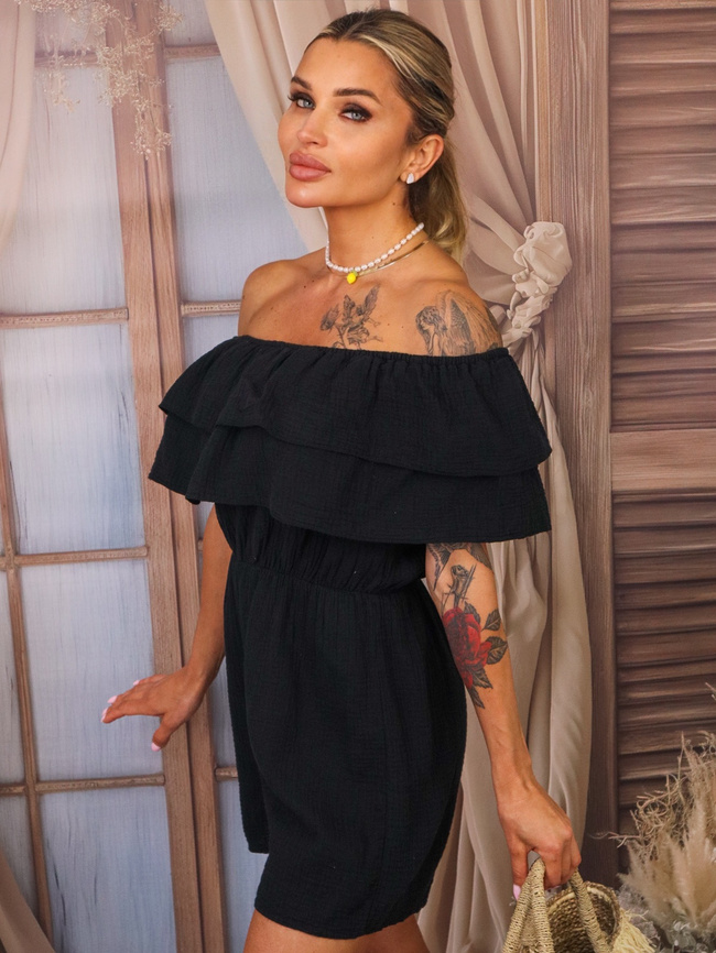 KOMBINEZON MUŚLINOWY HISZPANKA Z FALBANĄ- CZARNY