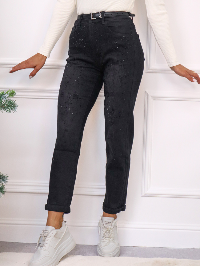 SPODNIE JEANSOWE MOM FIT Z PRZETARCIAMI I CEKINAMI-CZARNE