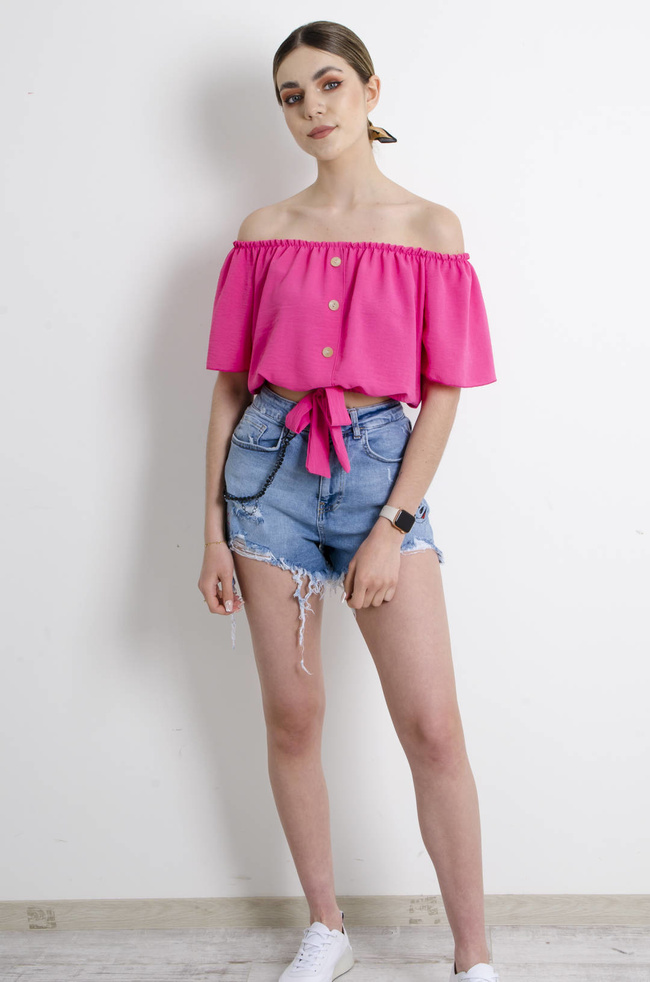 BLUZKA HISZPANKA Z WIĄZANIEM - CIEMNO-RÓŻOWA