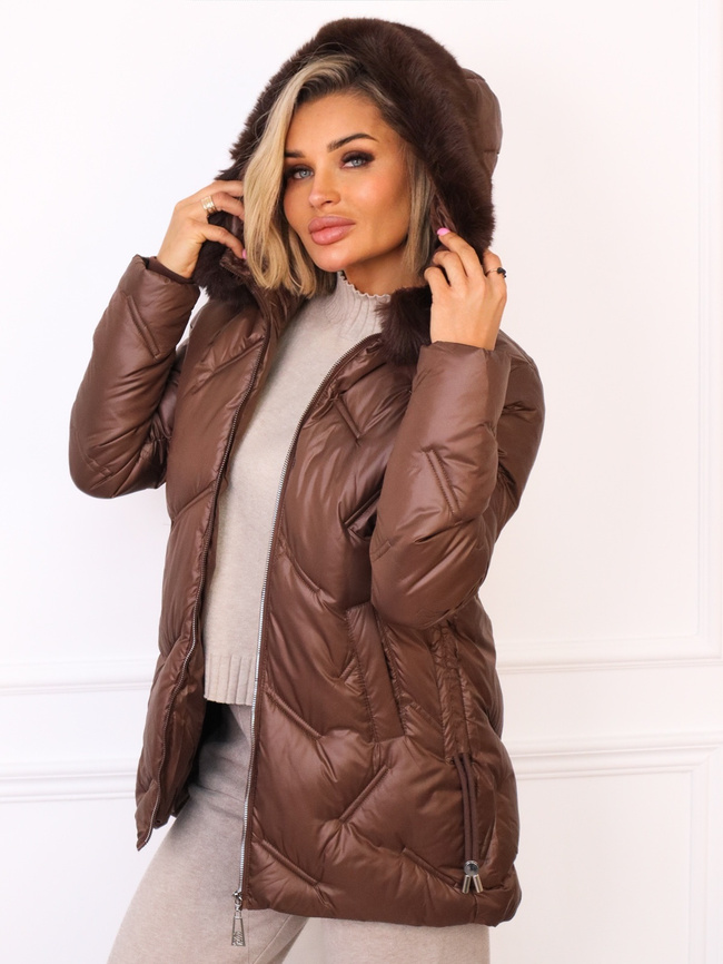 KURTKA ASYMETRYCZNA PIKOWANA Z FUTERKIEM- BRĄZOWA
