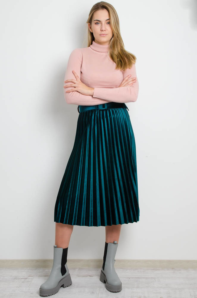 ZIELONA WELUROWA PLISOWANA SPÓDNICA Z PASKIEM-MIDI