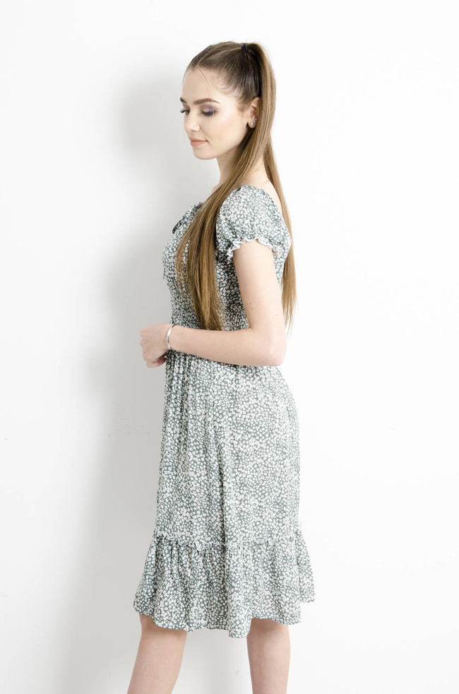 SUKIENKA W KWIATKI Z FALBANKAMI I WIĄZANIEM- ZIELONA