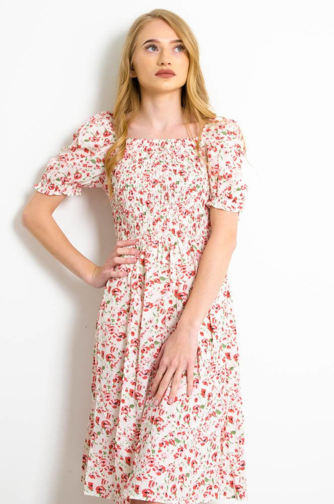 BIAŁA SUKIENKA Z BUFKAMI W RÓŻOWE KWIATY