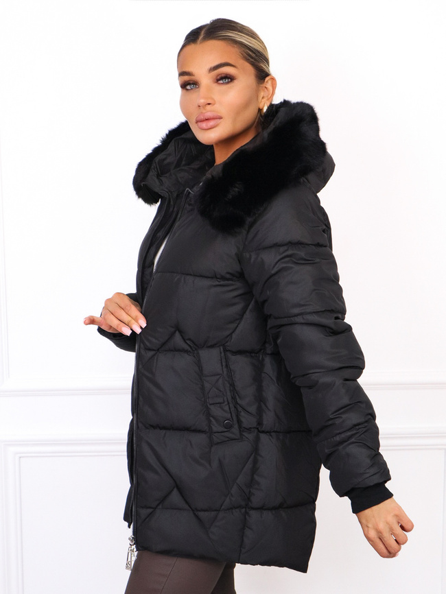 KURTKA PIKOWANA Z FUTERKIEM PRZY KAPTURZE- CZARNA