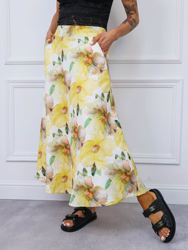 SPÓDNICA MIDI W KWIATY- ŻÓŁTA