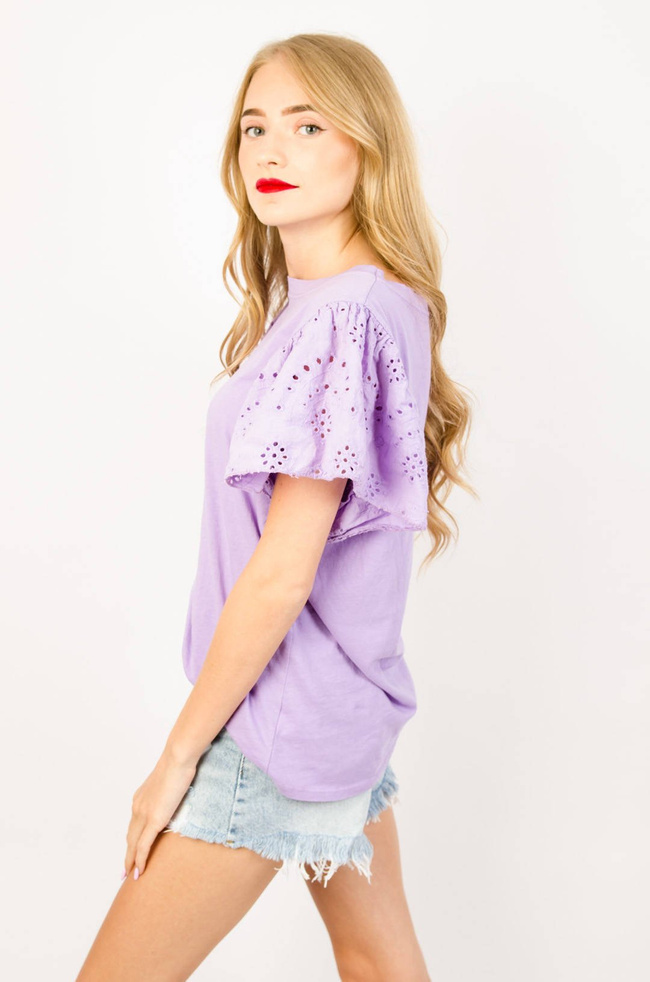 FIOLETOWA BAWEŁNIANA BLUZKA Z AŻUROWYMI RĘKAWAMI