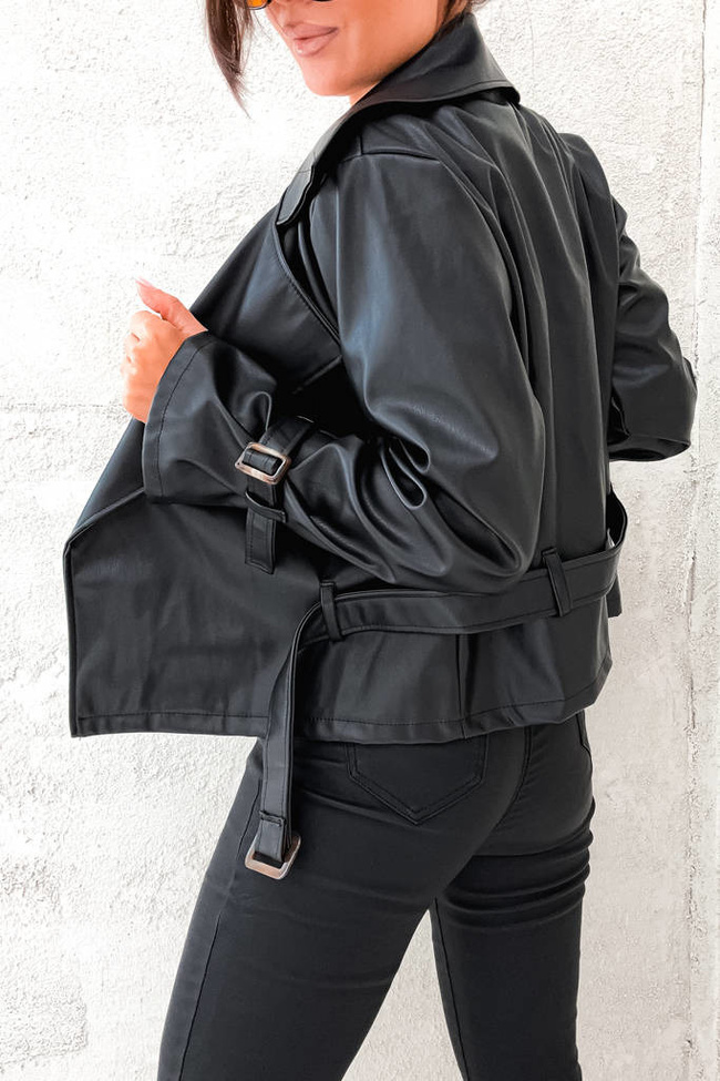 KRÓTKI TRENCZ RAMONESKA Z IMITACJI SKÓRY- CZARNY